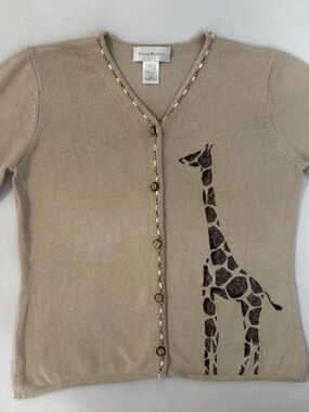 Susan Bristol Cotton & Linen Cardigan Button Top w/ Wooden Buttons & Giraffes